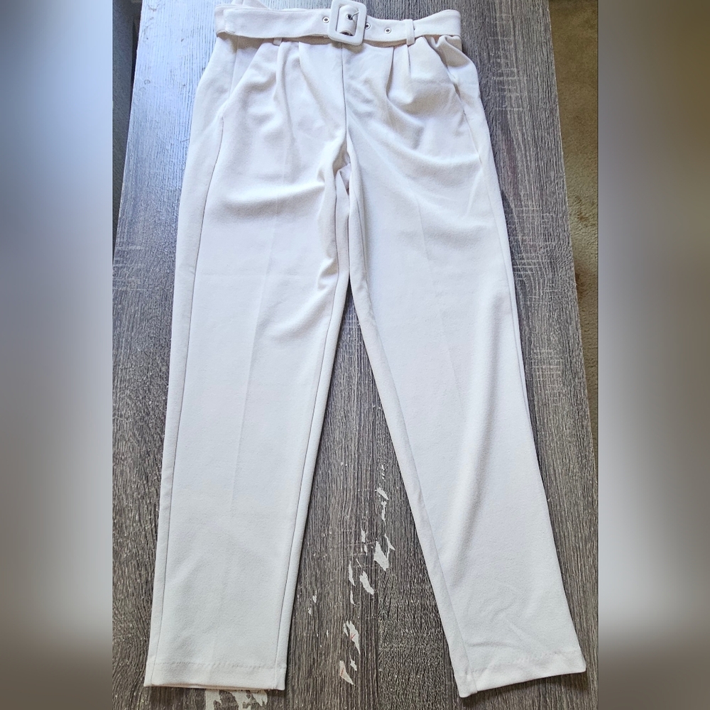 BBJ Los Angeles Women's High Waist Belted Pleated Trousers Pants Size S Beige